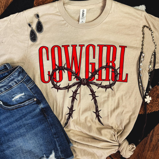 FestiviTees Women - Apparel - Shirts - T-Shirts Cowgirl Barbed Wire Bow Western Tee Soft Graphic Tee
