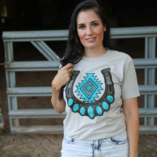 FestiviTees Women - Apparel - Shirts - T-Shirts Turquoise Aztec Horseshoe Soft Graphic Tee