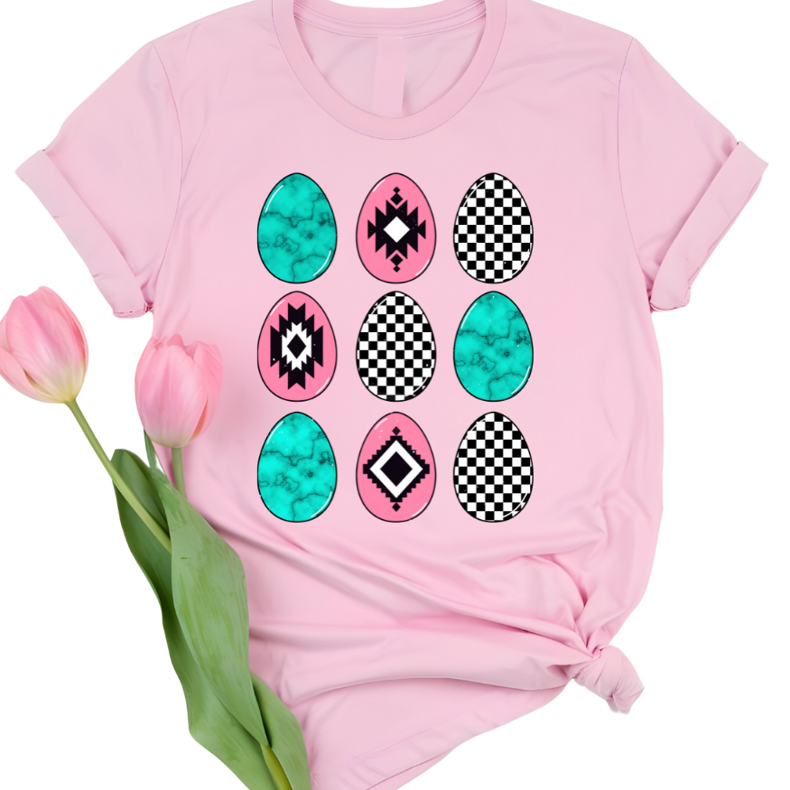 Turquoise Pink & Checkered Eggs Graphic Tee