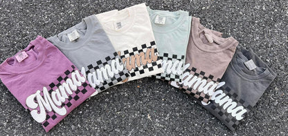 Earth Tone Checkered Mama PUFF Tees - RTS S, L, 2X, 3X, 4X