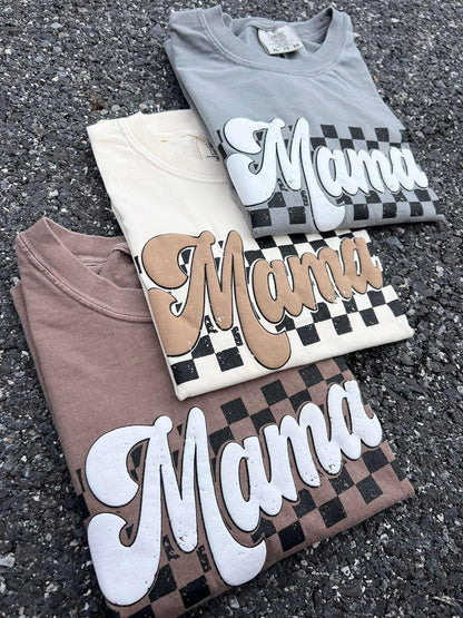 Earth Tone Checkered Mama PUFF Tees - RTS S, L, 2X, 3X, 4X