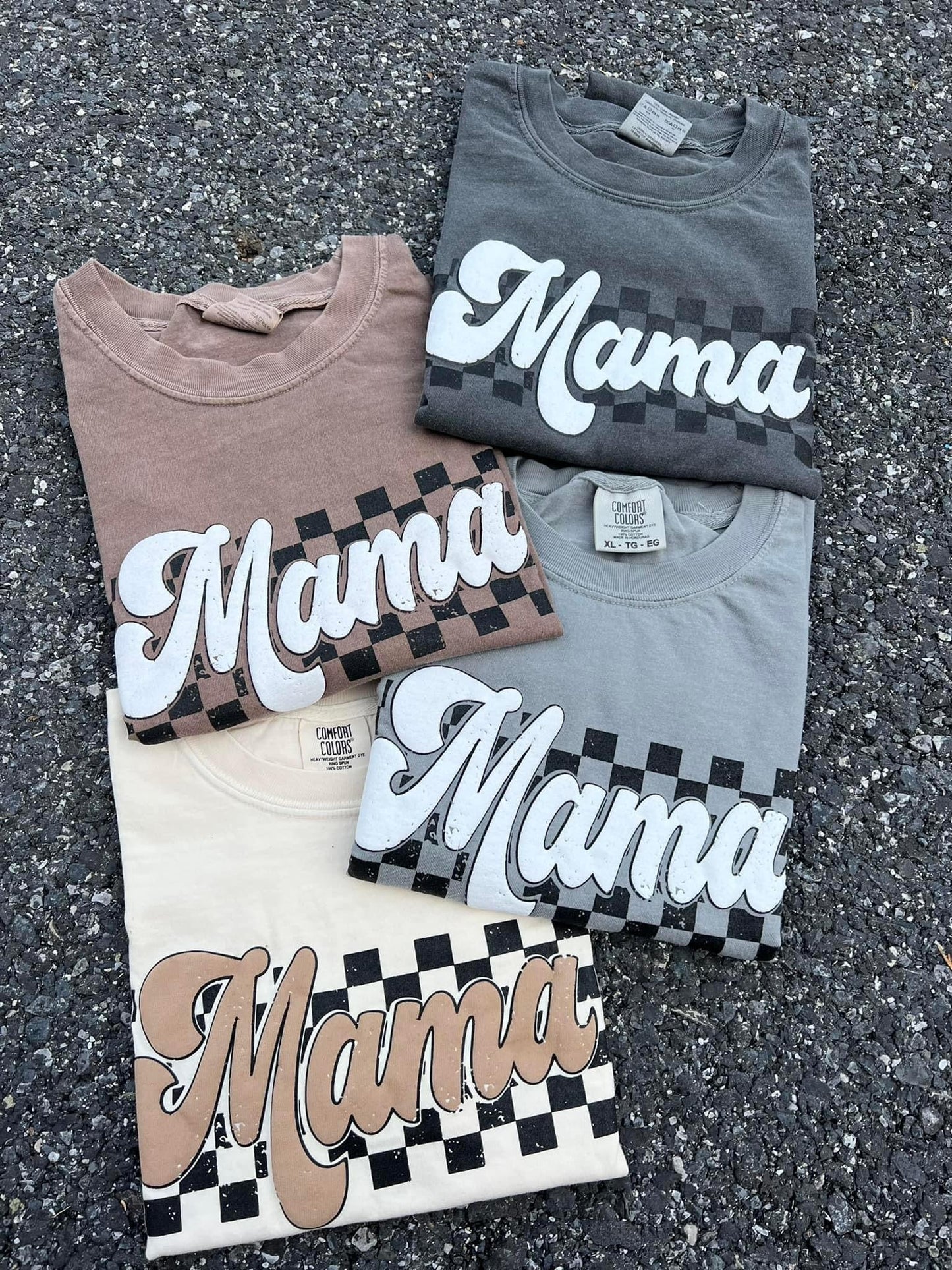 Earth Tone Checkered Mama PUFF Tees - RTS S, L, 2X, 3X, 4X