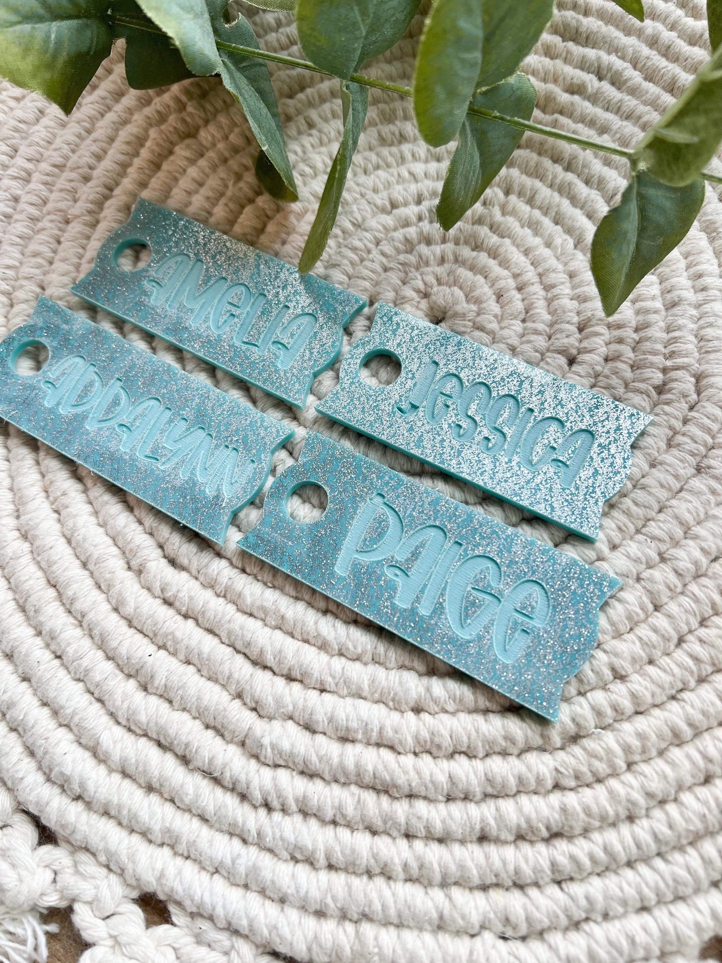 Teal Glitter Name Cup Tag