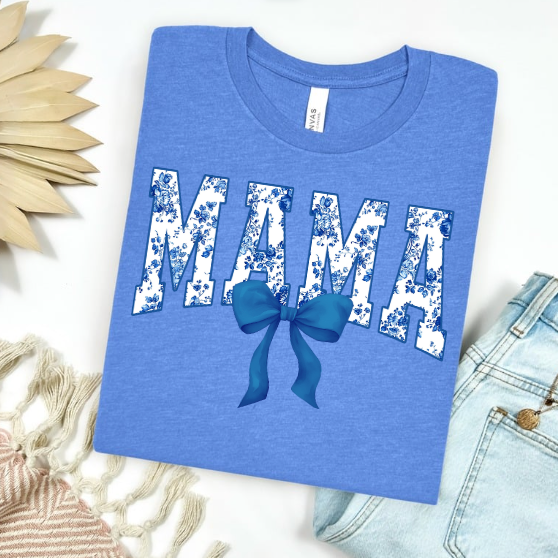 Blue Floral Mama with Bow Graphic Tee
