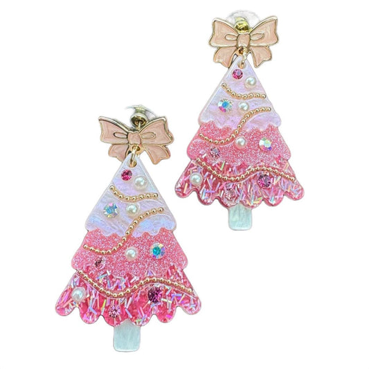 Envy Stylz Boutique Women - Accessories - Earrings Pink Christmas Tree with Bow Glitter Stud Earrings